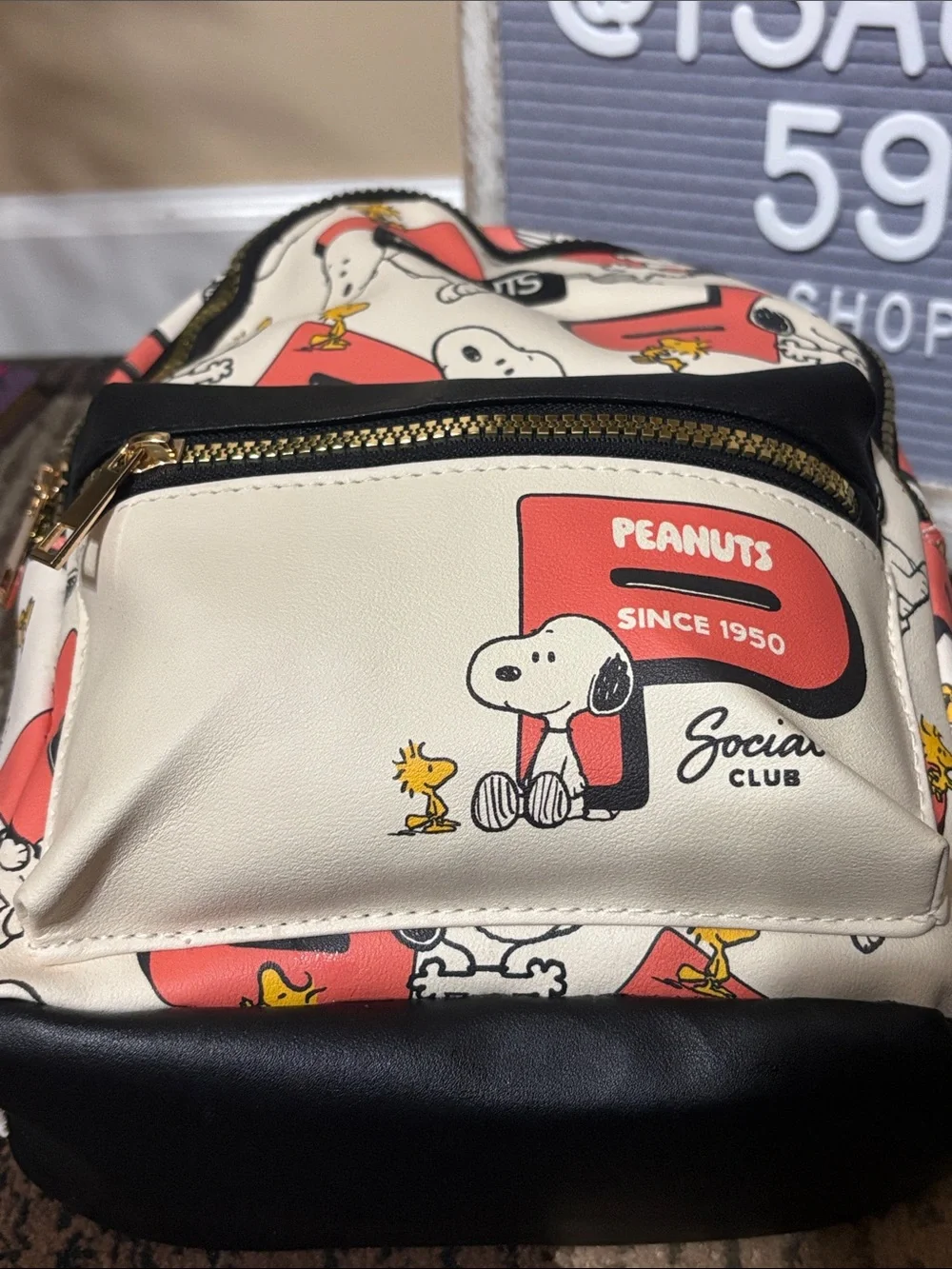 NWT Peanuts Mini Backpack in Cream, Coral and Black - Snoopy Print
